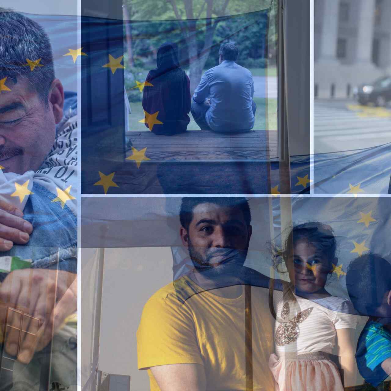 Collage of refugees being reunited with flag of EU in background